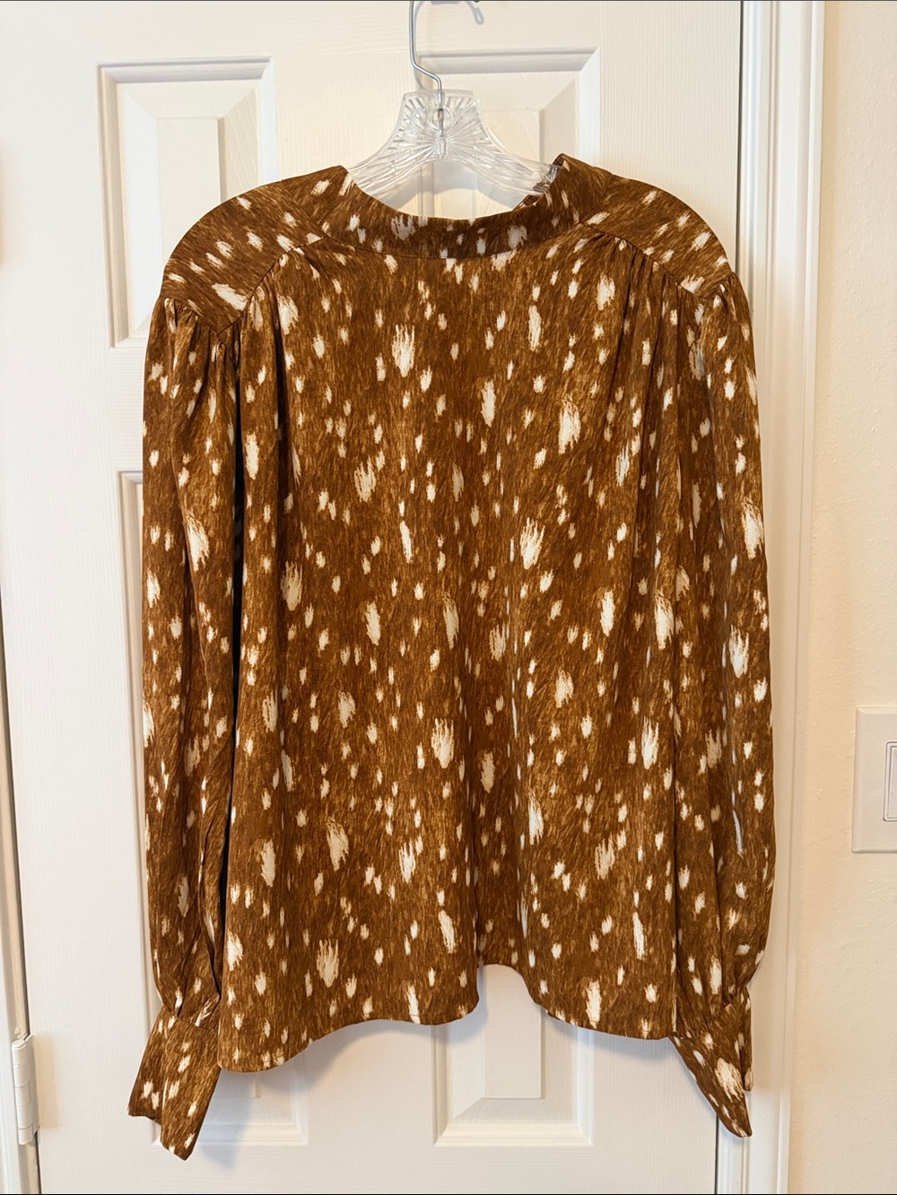 Express Brown and White Spotted Long-Sleeve Blouse